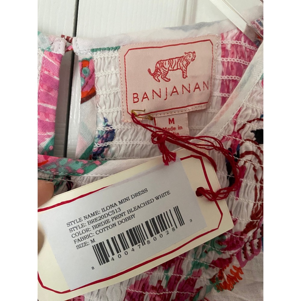 Banjanan Ilona Mini Dress Womens M White Birdie Print Smocked Ruffle Pink Boho - Picture 3 of 7